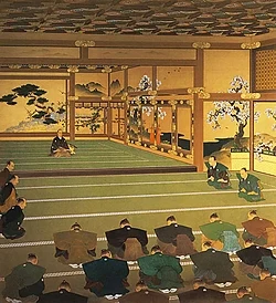 Tokugawa Yoshinobu informs officials of his decision at Nijō Castle in 1867.
