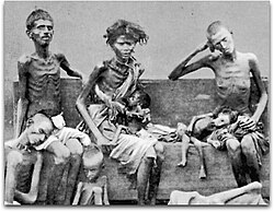 Victims of the Great Famine of 1876–78 in India during British rule, pictured in 1877.