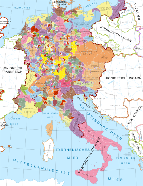 The Holy Roman Empire at its greatest extent under Emperor Frederick II