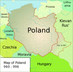 Poland under the rule of Duke Mieszko I, whose acceptance of Christianity under the auspices of the Roman Church and the Baptism of Poland marked the beginning of statehood in 966. His son, Bolesław I the Brave, was crowned king in 1025