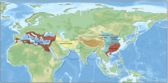 Map showing Byzantium along with the other major silk road powers during China's Southern dynasties period of fragmentation.