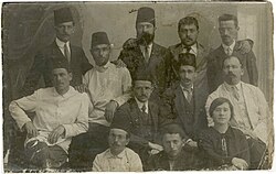 Portrait of Jewish Ottoman men, among them, David Ben-Gurion (sitting row, third from right) and Yitzhak Ben-Zvi (sitting row, second from right), İstanbul ("Kushta"), c. 1912