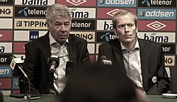 Olsen speaking to the press following a 2012 friendly match between Norway and England