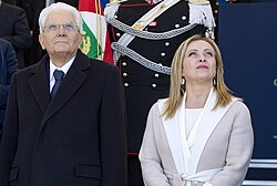 Mattarella with Giorgia Meloni during a military parade in 2023