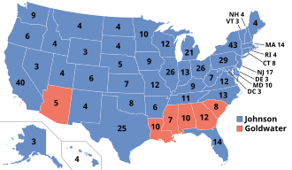 Results of the 1964 presidential election. Johnson won 486 electoral college votes (61.1% of the popular vote) to Barry Goldwater's 52.