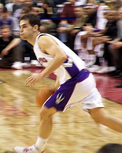 Jose Calderon with the Raptors during the 2005–06 season. The Raptors signed Calderon as a free agent in the 2005 off-season as a backup for Mike James.