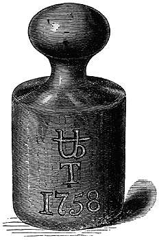 The standard British troy pound manufactured in 1758; it bears the abbreviation ℔ ("pound") and the letter "T" for troy.