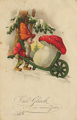 Amanita muscaria, the most easily recognised "toadstool", is frequently depicted in fairy stories and on greeting cards. It is often associated with gnomes.[1]