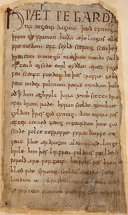 The first page of the poem Beowulf, written in Old English in the early medieval period (800–1100 AD). Although Old English is the direct ancestor of modern English, it is unintelligible to contemporary English speakers.
