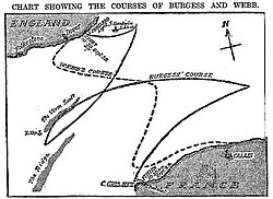 The routes taken by Webb and T.W. Burgess across the English Channel, in 1875 and 1911, respectively.