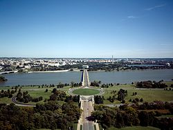 Aerial view looking east across the Arlington Memorial Bridge towards the Lincoln Memorial