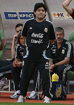 Maradona as coach of Argentina in 2009. He left the position after the 2010 FIFA World Cup in South Africa.