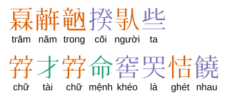 The characters 「𤾓𢆥𥪞𡎝𠊛些.𡨸才𡨸命窖𱺵恄𠑬𠑬.」 corresponding to "Trăm năm trong cõi người ta. Chữ Tài chữ Mệnh khéo là ghét nhau." in the Vietnamese alphabet