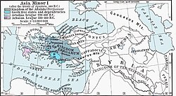 The reduced empire (titled: Syria, Kingdom of the Seleucids) and the expanded states of Pergamum and Rhodes, after the defeat of Antiochus III by Rome. Circa 188 BC.