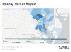 A map showing Maryland's median income by county. Data is sourced from the 2014 ACS five-year estimate report, published by the U.S. Census Bureau
