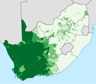 The geographical distribution of Afrikaans in South Africa: proportion of the population that speaks Afrikaans at home 0–20% 20–40% 40–60% 60–80% 80–100%