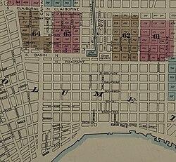The area that would become Storyville is shown in the pink block numbered 63 on this 1887 Sanborn fire insurance map of New Orleans.