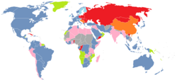 A color-coded map of the world in 1970, showing the divide of countries of the world in the Cold War Green — Non-self-governing possessions of U.S. allies Blue — U.S. and U.S. allies Red — Soviet Union and its communist allies Orange — Communist countries not aligned with the Soviet Union Pink — Non Communist allies of Soviet Union Light Blue — Non-NATO members of EFTA and OECD Gray — Unknown or non aligned
