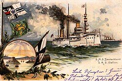 Postcard of Deutschland and Gefion arriving at Kiautschou Bay in 1899