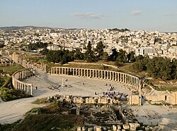 The Oval Forum of Jerash (c. 1st century AD), then member of the ten-city Greco-Roman league, the Decapolis, seven of which are present in modern-day Jordan