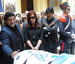 Maradona, then-president Cristina Fernández de Kirchner and Evo Morales, at the funeral of former President of Argentina Néstor Kirchner, 28 October 2010