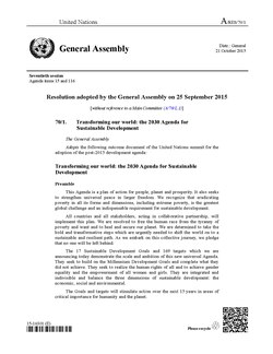 Transforming our world: the 2030 Agenda for Sustainable Development (UN Resolution A/RES/70/1), containing the goals (October 2015)