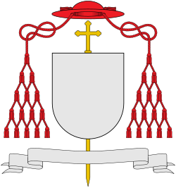The coat of arms of a cardinal (who is a bishop or archbishop) is indicated by a red galero (wide-brimmed hat) with 15 tassels on each side (the motto and escutcheon are proper to the individual cardinal).