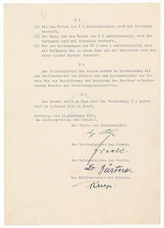 Page from the Nuremberg Laws signed by Hitler, 15 September 1935[92]