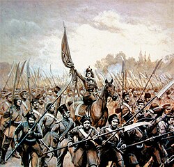 Emilia Plater leading peasant scythemen during the 1831 Uprising against the Russian Empire; often nicknamed as a Lithuanian Joan of Arc[65]