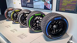 The 2023 Pirelli tyres include (from left to right) the three slick compound tyres: soft, medium, and hard – and the two wet-weather tyre compounds: intermediate and full-wet.