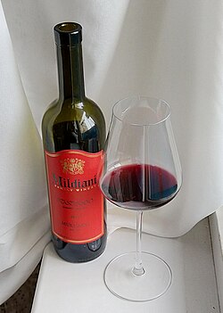 A glass of Mukuzani. Wine-making is a traditional component of the Georgian economy.