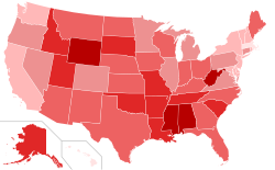Percent of self-identified conservatives by state as of 2018, according to a Gallup poll:[195] 45% and above 40–44% 35–39% 30–34% 25–29% 24% and under