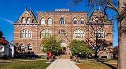 Stuart Hall. The main classroom building of the Princeton Theological Seminary, designed by William Appleton Potter in Venetian Gothic style. Built in 1876.