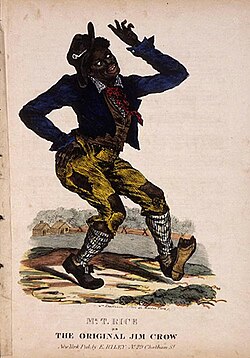 c. 1832 illustration of Thomas D. Rice as Jim Crow, who the laws were named after
