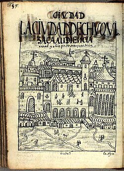 Chuquisaca -as was its colonial name- in 1615 by the Inca painter Guamán Poma in his work "Nueva corónica y buen gobierno". Royal Library, Denmark.[13]