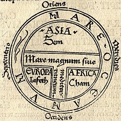 This T and O map, from the first printed version of Isidore's Etymologiae (Augsburg, 1472), identifies the three known continents (Asia, Europe and Africa) as respectively populated by descendants of Sem (Shem), Iafeth (Japheth) and Cham (Ham).