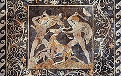 The Stag Hunt Mosaic, c. 300 BC, from Pella; the figure on the right is possibly Alexander the Great due to the date of the mosaic along with the depicted upsweep of his centrally-parted hair (anastole); the figure on the left wielding a double-edged axe (associated with Hephaistos) is perhaps Hephaestion, one of Alexander's loyal companions.