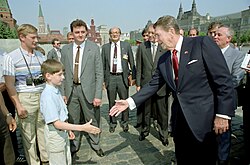 Soviet leader Mikhail Gorbachev and US President Ronald Reagan in Red Square during the Moscow Summit, 31 May 1988