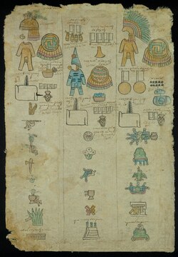 Folio 10v of the Matrícula de tributos, this unique page depicts 3 provinces instead of 1: Tlalcoçauhtitlan, Quiauhteopan, and Yoaltepec.