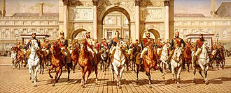 The monarchs of Europe in Paris (Napoleon III is at the centre, Sultan Abdulaziz is second from right), fictional representation of the opening of the Universal Exposition of 1867.