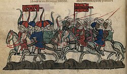 Mamluks chasing archers at the Homs Battle of 1281 (manuscript of La Fleur des histoires de la terre d'Orient, BnF, NAF 886, folio No. 27, verso)