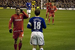 Neville playing for Everton against Fiorentina in the UEFA Cup in 2008