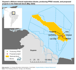ExxonMobil in Guyana crude oil drills map image offshore regions. Guyana exports around 500,000 barrels per day in offshore regions.