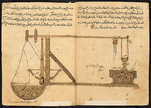 Arabic trebuchet, with its counterweight, in the Tabṣira by Murḍi Ibn cālī Ibn Murḍi al-Ṭarsūsī written for Saladin, late Fāṭimid or early Ayyūbid Egypt, c.1170 CE (Ms. Hunt.264, f.117, Bodleian Library, Oxford, UK).[54] This is the only manuscript directly attributable to the Ayyubids, although early manuscripts such as the Kalīla wa-Dimna (BNF Arabe 3465) are also generally considered as Ayyubid.[55]
