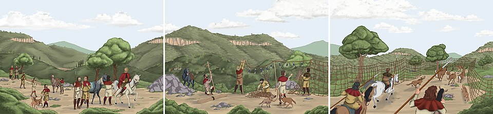 Recreation of a deer hunt inspired by hunting scenes represented in Roman art