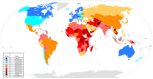 Map showing the score for the KOF Globalization Index