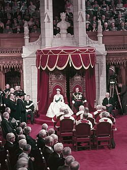 With Philip, seated on thrones at the Canadian parliament, 1957