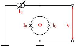 Electrical schematic of a SQUID where I b {\displaystyle I_{b}} is the bias current, I 0 {\displaystyle I_{0}} is the critical current of the SQUID, Φ {\displaystyle \Phi } is the flux threading the SQUID and V {\displaystyle V} is the voltage response to that flux. The X-symbols represent Josephson junctions.