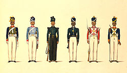c. 1830 painting depicting six Madras Army soldiers. Left to right: Madras Horse Artillery, Madras Light Cavalry, Madras Rifle Corps, Madras Pioneers, Madras Native Infantry and the Madras Foot Artillery.