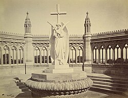 A memorial erected (circa 1860) by the British after the Mutiny at the Bibighar Well. After India's Independence the statue was moved to the All Souls Memorial Church, Cawnpore. Albumen silver print by Samuel Bourne, 1860